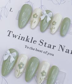 Nail Designs With Green Color, Short Nail Designs Mint Green, Buy Fake Nails, Press On Nails Sage Green, White Green Nails Ideas, Cream Green Nails, Light Green White Nails, Nail Inspiration Birthday, Wedding Nails Dark Green