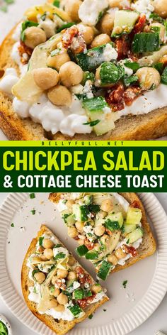 This Chickpea Salad and Cottage Cheese Toast features creamy cottage cheese on a thick slice of sourdough toast topped with a tangy, savory chickpea salad. The salad is loaded with chickpeas, artichoke hearts, sun-dried tomatoes, and more. A quick & easy, protein-packed lunch or snack! Cottage Cheese Toast, Easy Vegetable Side Dishes, Leafy Salad, Easy Protein, Toast Toppings, Quick Recipes Snacks, Packed Lunch