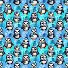 an image of penguins with hats and scarves on their heads, in front of a blue background