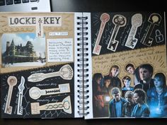 an open notebook with pictures and writing on it