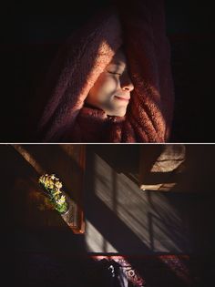 two pictures of a woman with her eyes closed and the light coming in from behind them