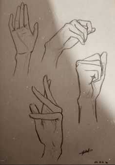 three different drawings of hands with one holding something in the other's hand and another pointing at it