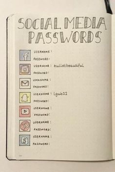 an open notebook with the words social media passwords written in different languages on it