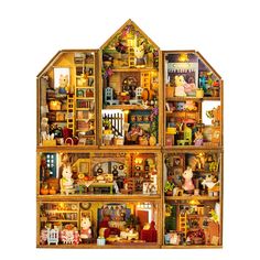 a wooden doll house with many rooms and furniture