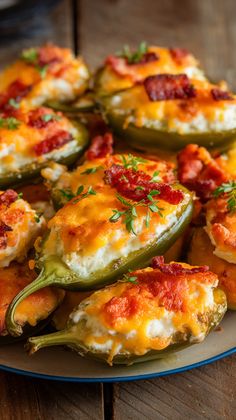 stuffed peppers with cheese and bacon are on a plate, ready to be eaten or served