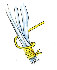 a drawing of a yellow and white umbrella with a knot on it's end