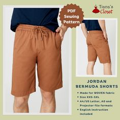 Exclusive patterns from the author of Tiana's Closet Sewing Patterns. Visit my blog for more ideas, sewing tips and free patterns: https://tianascloset.com/ This basic, simple Jordan Bermuda shorts pattern is a staple that a sewer should have - even the beginner or the seasoned seamster. Make yourself or your loved one a pair of these extra comfortable casual shorts! Main features of these simple lounge shorts: - Elastic waistband - Faux fly zipper for a more tailored look - Slanted side pockets Mens Shorts Pattern, Casual Shorts For Men, Lounge Shorts, Easy Sewing Patterns, Clothes Sewing Patterns, Patterned Shorts, Pdf Sewing Patterns, Look Plus, Bermuda Shorts