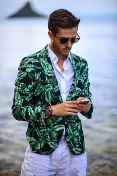 Living | Unknown Source Men Suit Outfit, Adam Gallagher, Yacht Week, Yacht Wedding, Mens Fashion Inspiration, Fashion Trends Winter, How To Look Handsome, Palm Print, Mens Fashion Summer