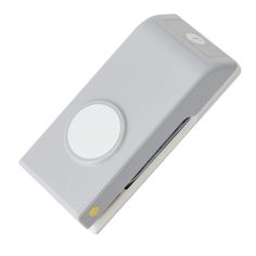 an electronic device with a white cover and yellow buttons on the front, is shown