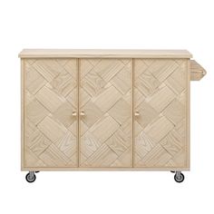 the sideboard with wheels is made out of wood and has geometric patterns on it