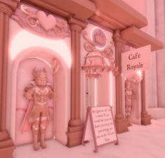 an animated image of a woman standing in front of a cafe royale sign and entrance