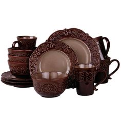 a set of brown dishes and cups