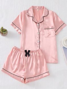 2pcs/set Satin Pajama Set For Women, Short Sleeved Turn-down Collar Top And Bowknot Shorts, Home ClothingI discovered amazing products on SHEIN.com, come check them out! Bow Shorts, Cute Pajamas, Looks Street Style