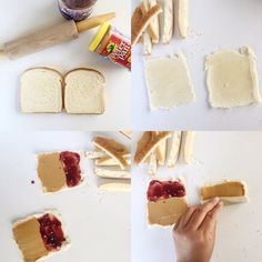 someone making peanut butter and jelly sandwiches on a white table with other ingredients surrounding them