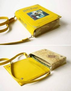 a yellow purse with a book on the front and side, sitting next to each other