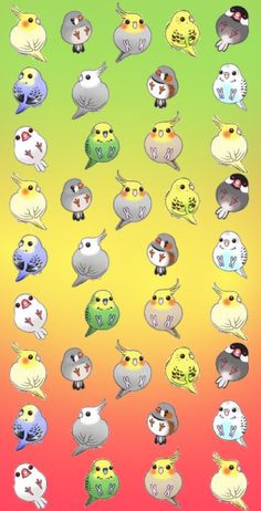 an image of many different birds on a yellow and green background with red, pink, blue