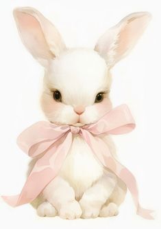 a small white rabbit with a pink ribbon around it's neck, sitting in front of a white background