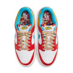 Introducing the Nike Dunk Low QS Fruity Pebbles! This one-of-a-kind sneaker combines sleek style with dynamic color, making it a must-have for any men's summer wardrobe. Its striking Habanero Red mixed with Laser Blue and White colorway gives the shoe a unique look that stands out from the crowd. The smooth white leather base is complemented by habanero red overlays, while an eye-catching laser blue and side Swoosh add character and pizzazz to this already stylish shoe. For even more personality, the tongue features woven Fruity Pebble tags, while the heel tab is embroidered with LeBron’s LJ logo. Inside, you'll find a Nike-branded sock liner with a colorful Fruity Pebble graphic print. Finally, an alluring milky translucent rubber outsole provides plenty of traction and grip. Step up your Red Basketball Shoes With Rubber Waffle Outsoles For Streetwear, Nike Basketball Shoes With Laces, Sporty Red Basketball Shoes With Rubber Waffle Outsoles, Red Basketball Shoes With Rubber Waffle Outsoles, Nike Skate Shoes With Laces And White Sole, Red Low-top Running Shoes With Rubber Waffle Outsoles, Nike Red Sneakers With Speckled Midsole, Red Nike Sneakers With Speckled Midsole, Nike Synthetic Skate Shoes With Laces