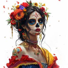 a woman with flowers in her hair and makeup painted to look like day of the dead