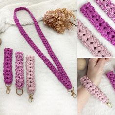 crocheted lanyards and key fobs on white furnishing