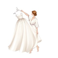 a woman in a white dress is trying to fit her wedding dress on a hanger