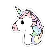 a white unicorn sticker with a rainbow mane on it's head and eyes