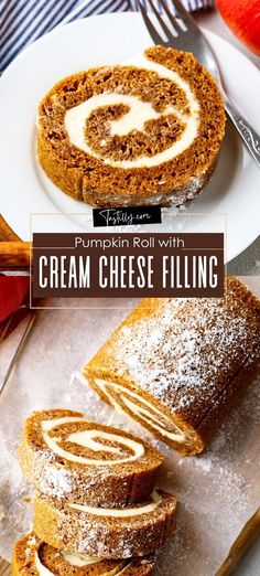 two slices of pumpkin roll with cream cheese filling on a white plate next to a fork and knife