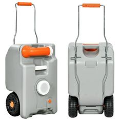 two grey and orange coolers with wheels on white background, one has an orange handle