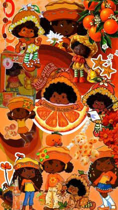 an image of children with oranges and other things in the background, including fruit