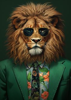 a lion wearing sunglasses and a green suit with flowers on it's lapel