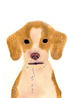 a drawing of a dog with brown spots on it's face and ears, sitting in front of a white background