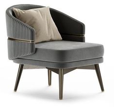 a gray chair with a pillow on top of it and a black frame around the armrests