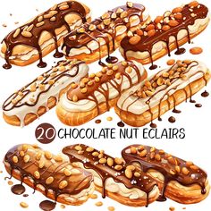 chocolate nut eclairs with nuts on top and the words 20 chocolate nut eclairs