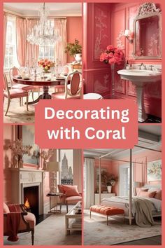 pink and white living room with coral walls, chandelier, chair, fireplace