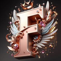 the letter f is surrounded by jewels and feathers