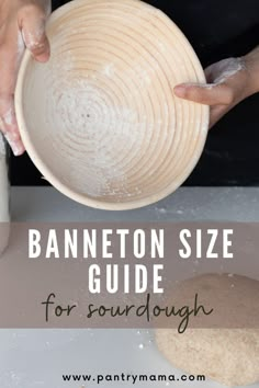 a person holding a bowl over a table with cookies on it and the words banneton size guide for sourdough