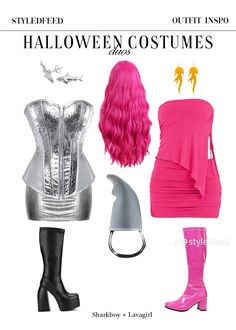 an image of halloween costumes for women with pink hair and black boots on the bottom