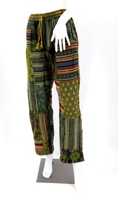 Bohemian Patchwork Harem Pants, Cotton Patchwork Pants Full Length, Green Bohemian Cotton Bottoms, Green Wide-leg Patchwork Pants, Bohemian Green Patchwork Bottoms, Bohemian Green Bottoms With Patchwork, Traditional Green Straight Pants, Green Cotton Hippie Pants, Green Patchwork Harem Pants For Festival