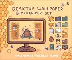 desktop wallpaper set with bees and honeycombs on the computer screen, designed to look like a beehive