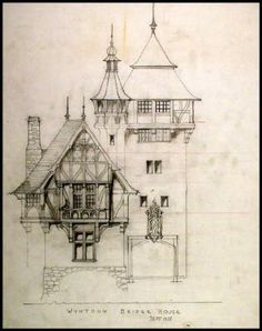 an architectural drawing of a house with two towers and a clock on the top floor