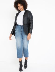 The Best Under-$150 Buys Of The Month+#refinery29 Plus Size Street Style, Leather Blazer Women, Flannel Coat, Faux Leather Blazer, Plus Size Fall Fashion, Fast Fashion Brands, Plus Size Fall, Black Faux Leather Jacket, Plus Size Coats