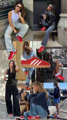 Red Adidas Outfit, Red Adidas Gazelle, Red Shoes Outfit, Adidas Gazelle Outfit, Adidas Samba Outfit, Adidas Outfit Shoes, Sneaker Outfits Women, Samba Outfit