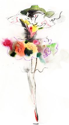 a drawing of a woman in a hat and dress with flowers on her skirt, holding a flower bouquet