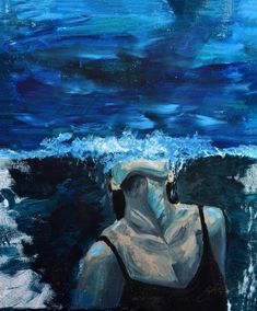 a painting of a woman standing in the ocean with her head above water's surface