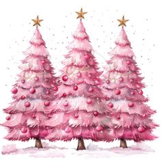 three pink christmas trees with gold stars