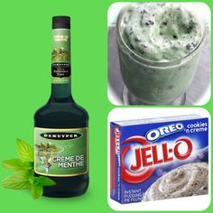 there is a bottle of ice cream next to a cup and a box of jello