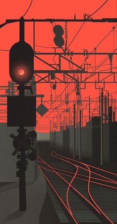 an orange and black poster with train tracks in the foreground, red light at the end