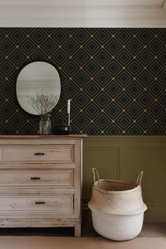 a dresser and mirror in a room with black wallpaper on the walls behind it