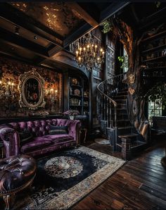 a living room filled with furniture next to a spiral stair case and chandelier