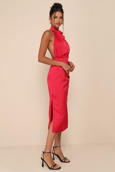 Gorgeous Season Bright Red Satin Backless Midi Dress Red Wedding Guest Outfit, Red Backless Midi Dress For Formal Occasions, Midi Red Satin Dress, Spring Red Backless Midi Dress, Red Dress Accessories Jewelry, Red Fitted Midi Dress With Tie Back, Red Tie-back Midi Dress For Party, Satin Backless Dress, Red Dress Accessories